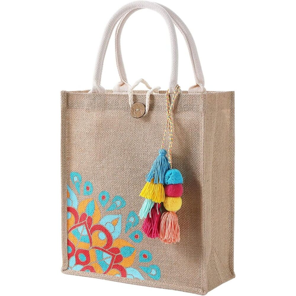 Jute tassel beach tote bag interior pocket button closure 11x13